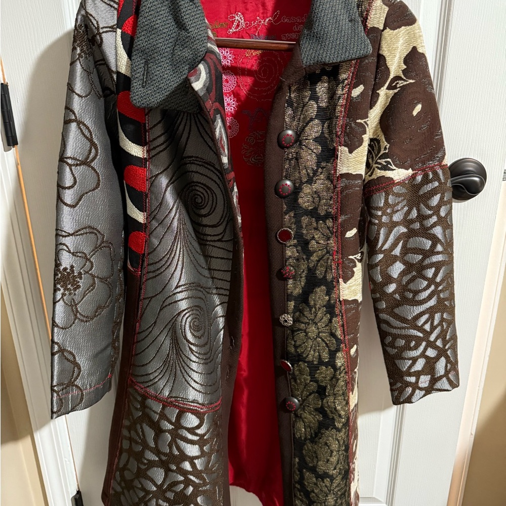 Desigual Silver and Brown Trench Coat with Textured Design